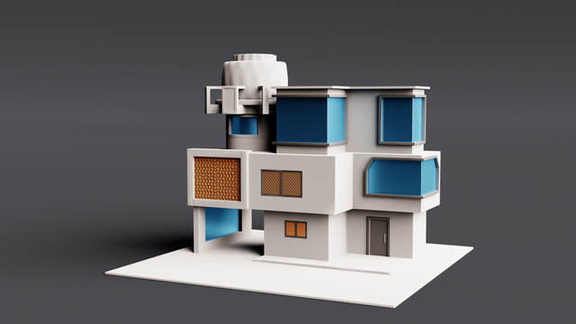 3D rendering of a modern building model with blue window accents and geometric design.